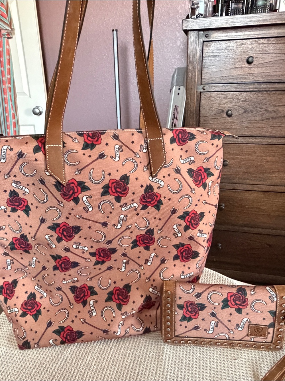Ariat Pink Floral & Horseshoe Shoulder Tote with Brown Trim